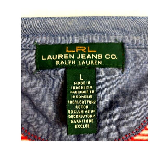 LRL Lauren Jeans Co Short Sleeve Top Nautical Red Cotton Striped Large #696 - Picture 5 of 14